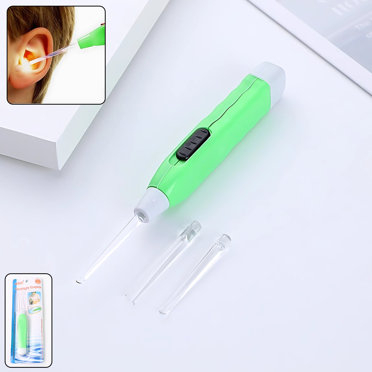 Green Led Flashlight Earpick With Tweezer (1 Pc) Green Led Flashlight Earpick With Tweezer (1 Pc)